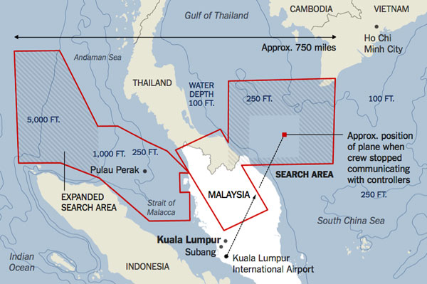 New York Times map of the search area for Flight 370. Notice that the plane "disappeared" east of the Malaysian peninsula, but then it seemed to tack to the west-southwest toward Pulau Perak, where its location was last recorded -- a fact that only emerged Tuesday, four days after the plane was lost.