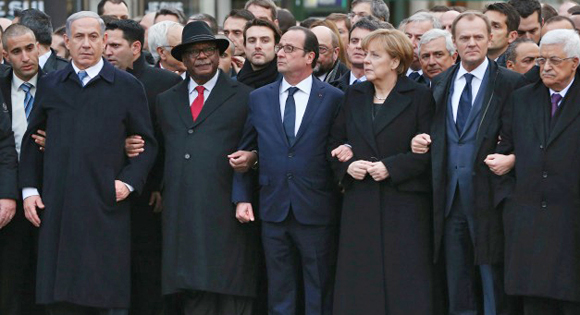 Parade of Hypocrisy -- leaders from across Europe pose for a photo op on the occasion of supporting free speech, despite their atrocious records on the issue.